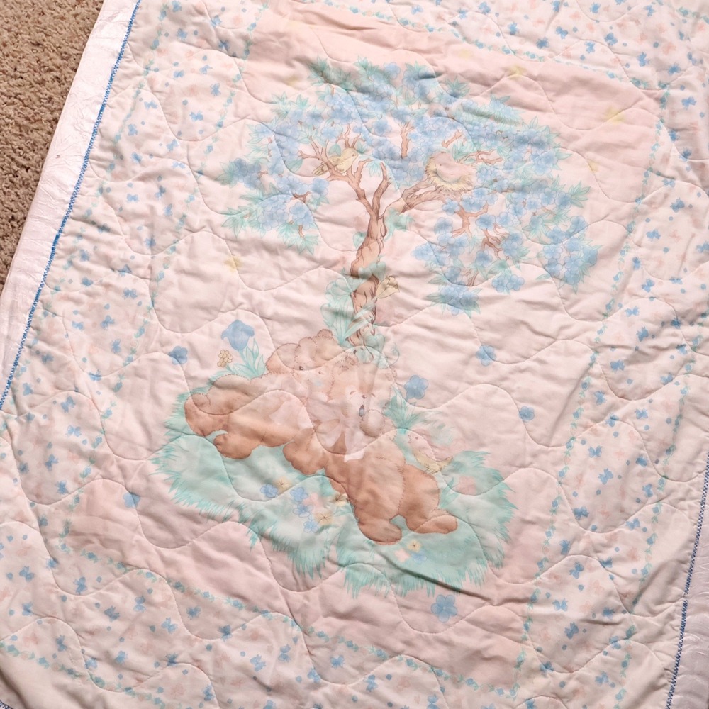 Vintage Baby Quilt Blanket Bears Tree Pastel Blue Pink Satin Trim 43x32